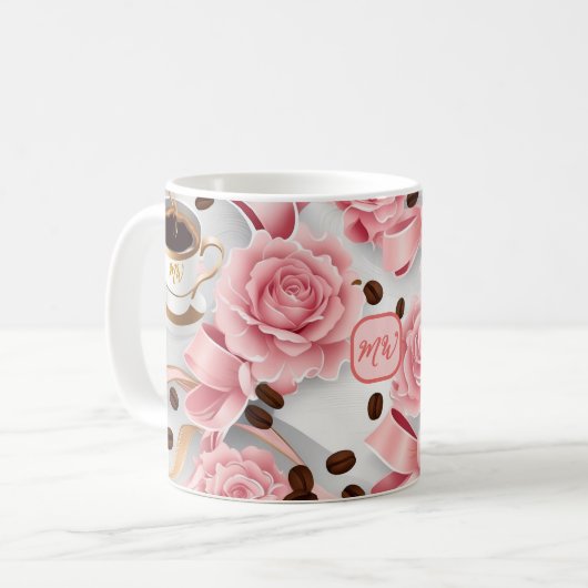Mug Roses roses élégantes, rubans, arcs, monogrammes (Devant gauche)
