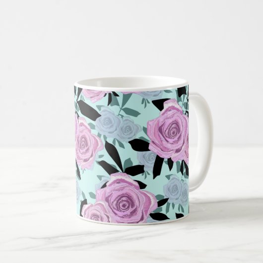 Mug roses roses roses, roses, arrière - plan turquoise (Devant droit)