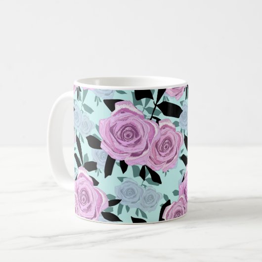 Mug roses roses roses turquoise fond (Devant gauche)
