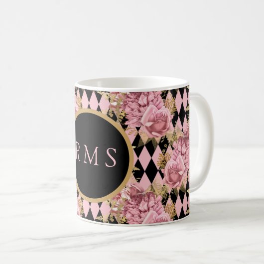 Mug Roses roses sur monogramme en losange (Devant droit)