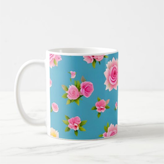 Mug Roses roses sur un fond bleu (Gauche)