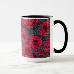 Mug Roses rouges avec feuilles gris sur noir