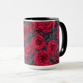 Mug Roses rouges avec feuilles gris sur noir (Devant droit)