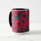 Mug Roses rouges avec feuilles gris sur noir (Devant gauche)