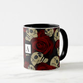 Mug Roses Rouges & Crânes Floral Gothique Gris Noir (Devant droit)
