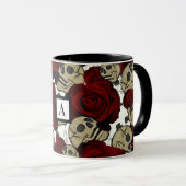 Mug Roses Rouges & Crânes Floral Noir Gothique Blanc (Devant droit)
