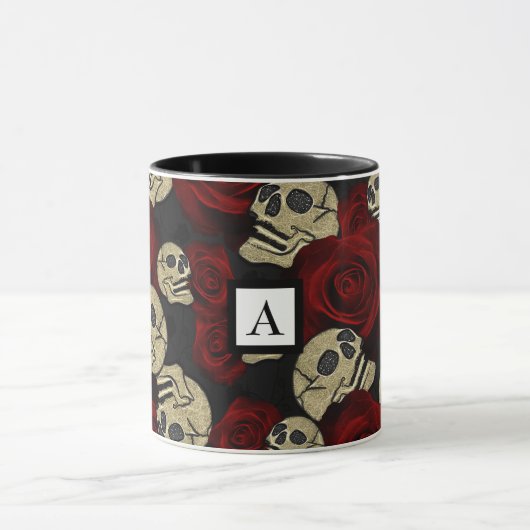 Mug Roses rouges et crânes gris noir floral gothique (Centre)