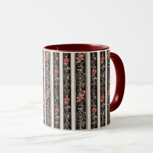 Mug Roses rouges romantiques Fleurs Crème Rayures noir