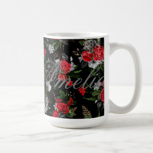 Mug Roses rouges sur arrière - plan noir motif, vinta