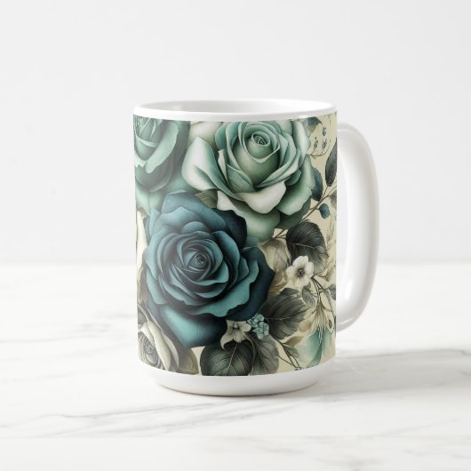 Mug Roses turquoises et blanches (Devant droit)
