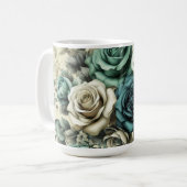 Mug Roses turquoises et blanches (Devant gauche)