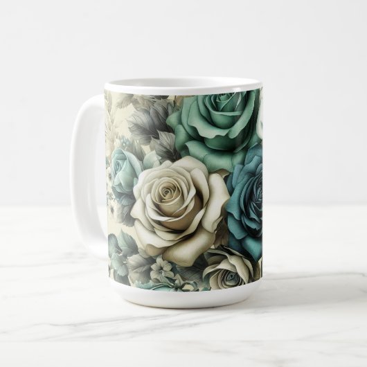 Mug Roses turquoises et blanches (Devant gauche)
