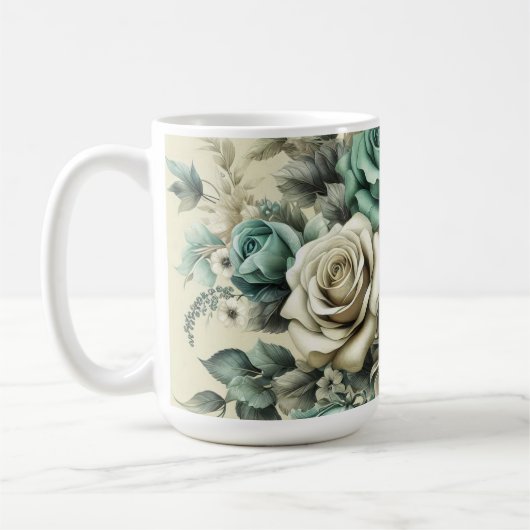 Mug Roses turquoises et blanches (Gauche)