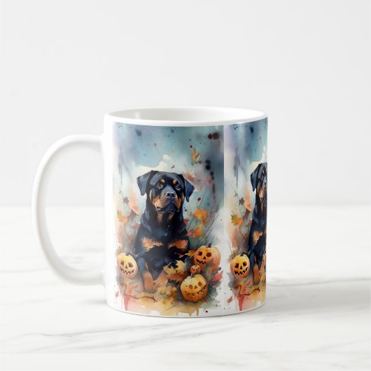Mug Rottweiler Halloween avec citrouilles épouvantable (Gauche)