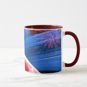 Mug Rouge Blanc Bleu Étoiles et feu d'artifice en céra