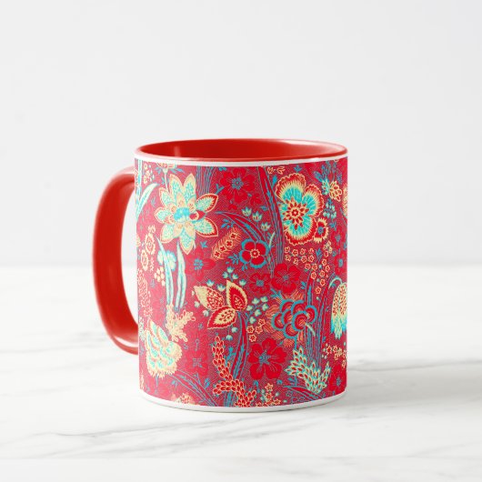 MUG ROUGE BLEU FLEURS SAUVAGES BLANCHES TULIPES, FEUI (Devant gauche)