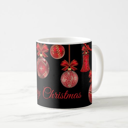 Mug Rouge doré Ornements de Noël Noir (Devant droit)