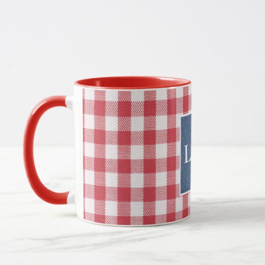 Mug Rouge et blanc Check Blue Denim Monogramme 11oz Co (Gauche)