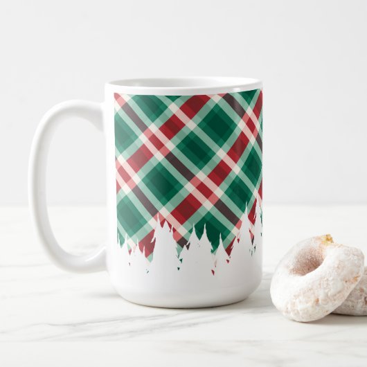 Mug Rouge et vert plaid avec arbre de Noël blanc (Avec donut)