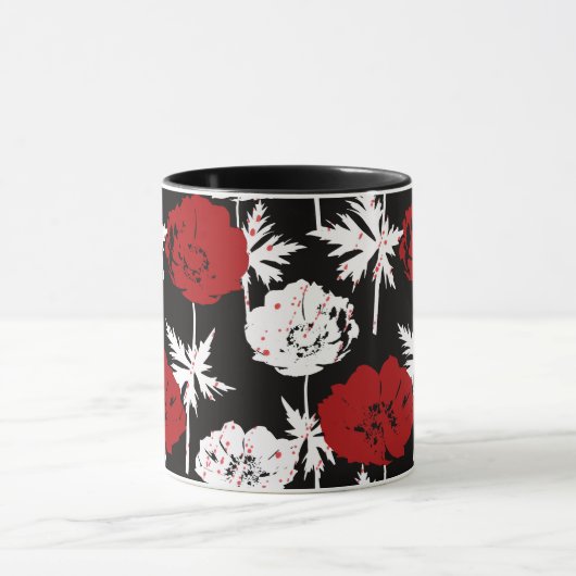 Mug Rouge, fleurs blanches sur noir (Centre)