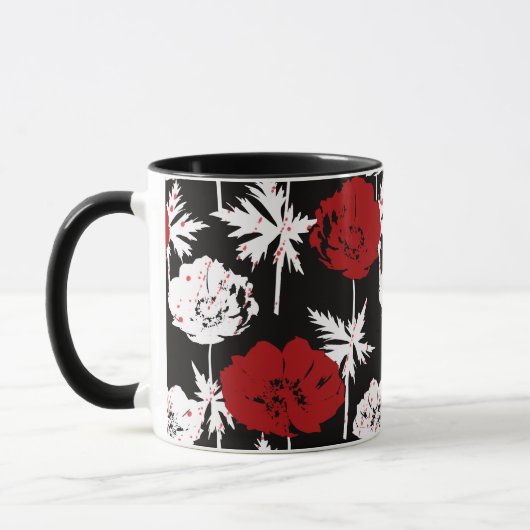 Mug Rouge, fleurs blanches sur noir (Gauche)