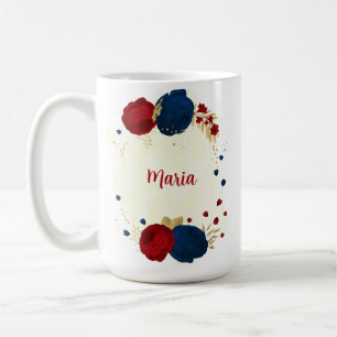 Mug rouge & fleurs bleu marine feuilles d'or mariage