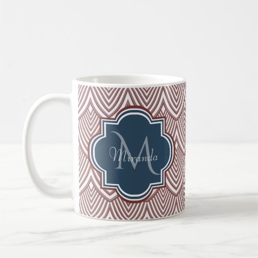 Mug Rouge foncé Déco pétoncles bleu marine Monogramme  (Gauche)