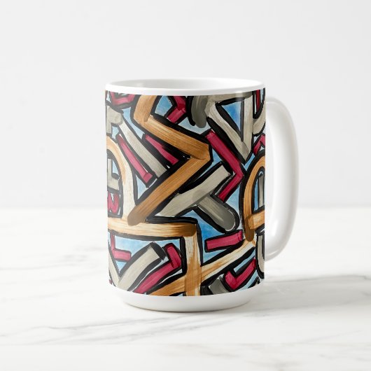 Mug Rouge Moka Gris Géométrique - Art Abstrait Peint à (Devant droit)