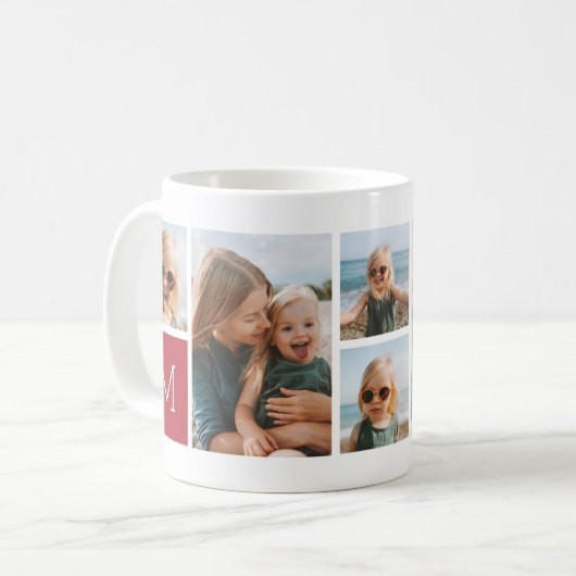 Mug Rouge | Monogramme Grille Collage photo (Devant gauche)