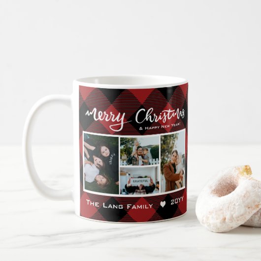Mug Rouge rustique Buffle noir Plaid Photo Noël (Avec donut)