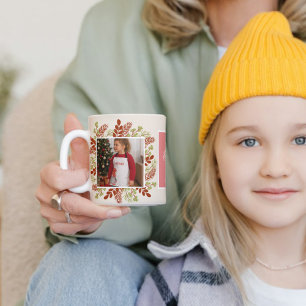 Mug Rouge & Vert classique Cadre Floral Photo de Noël