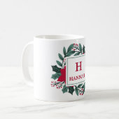 Mug Rouge Vert Floral Élégant Monogramme Nom Noël (Devant gauche)
