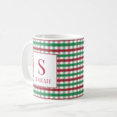 Mug Rouge & Vert Gingham Carreaux Monogramme Nom (Devant gauche)