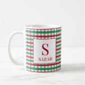 Mug Rouge & Vert Gingham Carreaux Monogramme Nom (Gauche)
