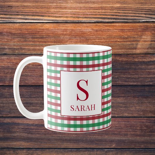 Mug Rouge & Vert Gingham Carreaux Monogramme Nom