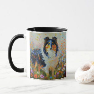 Mug Rough Collie dans le champ de fleurs - impressionn
