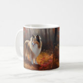 Mug Rough Collie dans les feuilles d'automne qui tombe (Devant gauche)