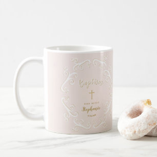 Mug Rouleaux de baptême en rose et or