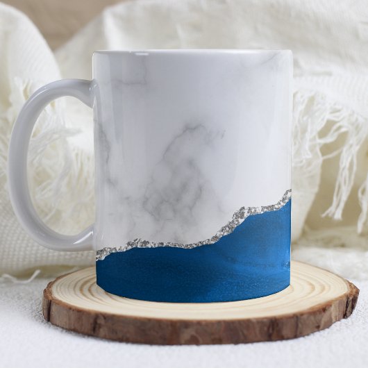 Mug Royal Blue Agate Silver Glitter White Marble