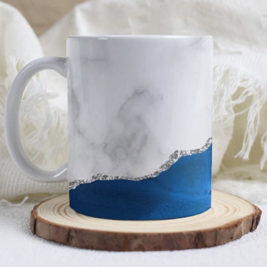 Mug Royal Blue Agate Silver Glitter White Marble 