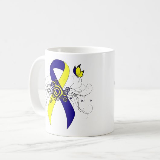 Mug Ruban de sensibilisation bleu et jaune avec papill (Devant gauche)
