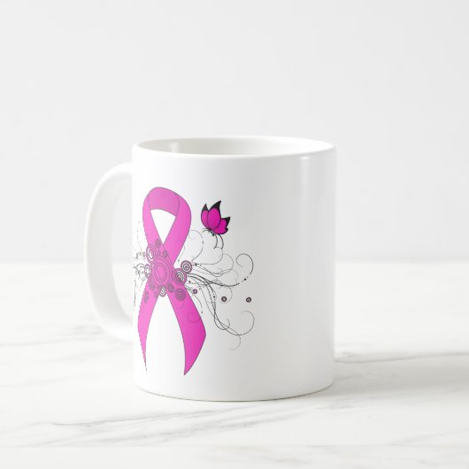 Mug Ruban de sensibilisation rose chaud avec papillon (Devant gauche)