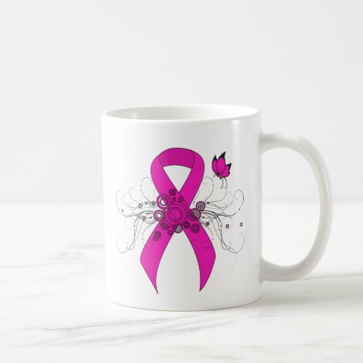 Mug Ruban de sensibilisation rose chaud avec papillon (Droite)