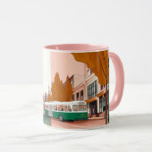 Mug rue de ville animée avec des bus et des bâtiments (Devant droit)