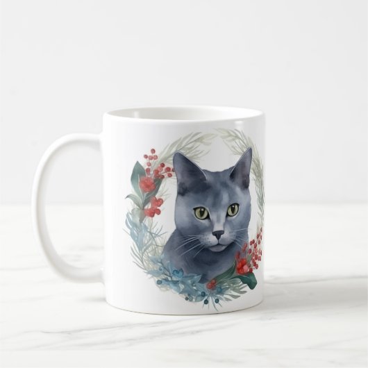 Mug Russe Blue Chat Noël Wreath Festive Kitten (Gauche)
