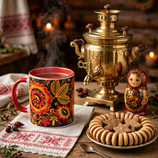 Mug Russe Khokhloma Motif Noir Rouge Botanique