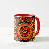 Mug Russe Khokhloma Motif Noir Rouge Botanique (Devant droit)