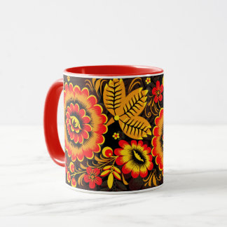 Mug Russe Khokhloma Motif Noir Rouge Botanique