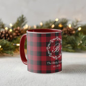 Mug Russe Red Buffalo Check Christmas Wreath Monogramm