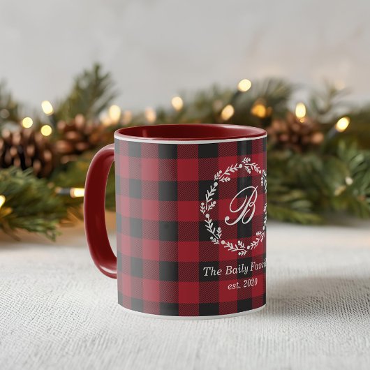 Mug Russe Red Buffalo Check Christmas Wreath Monogramm